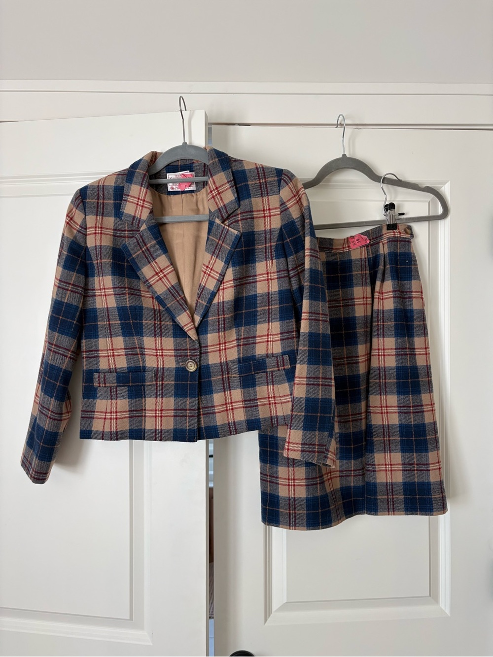 Vintage Pendleton Wool Set - Women's Navy & Tan Plaid Blazer and Skirt Set